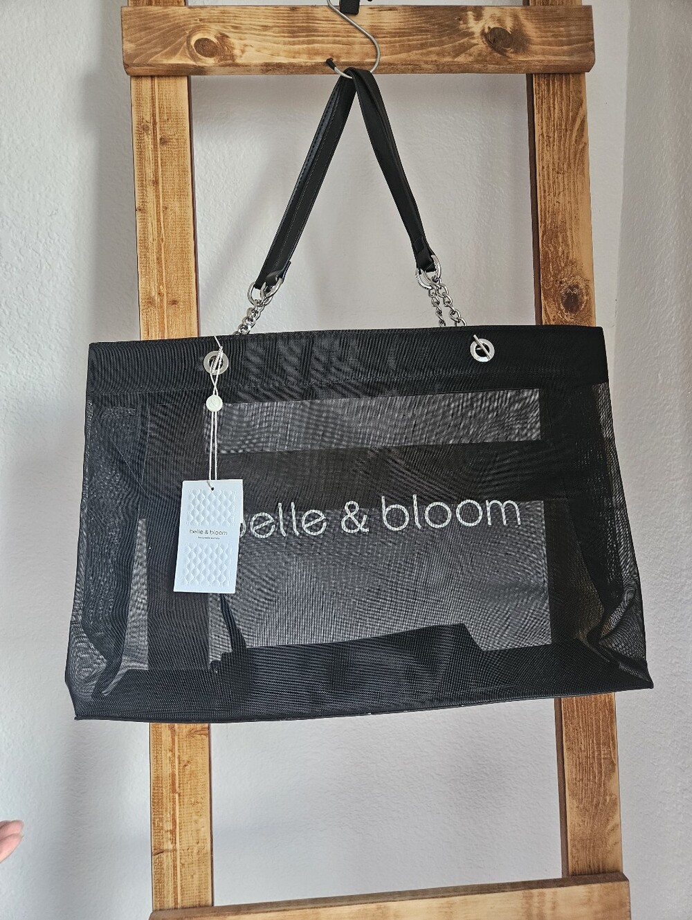 NWOT Belle & Bloom "Wild Lover" Mesh & Silver Chain Tote Bag + Pouch – Black - Picture 5 of 7